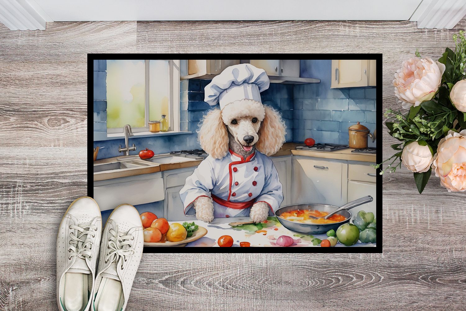 NEW White Poodle The Chef Doormat Front Door Mat Indoor Outdoor Rugs for Entryway, Non Slip Washable Low Pile, 18H X 27W