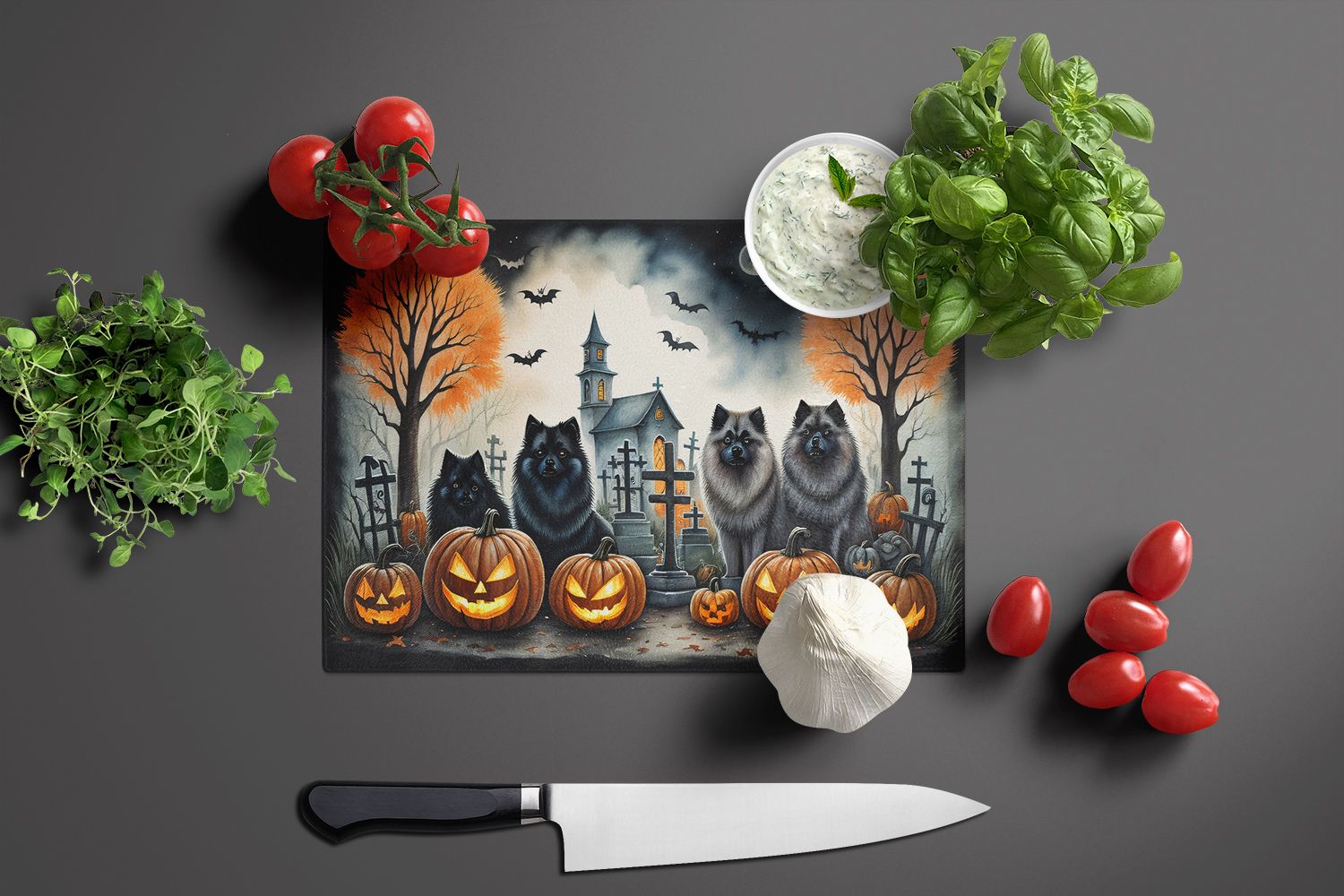 NEW Keeshond Spooky Halloween Glass Cutting Board Decorative Tempered Glass Kitchen Cutting and Serving Board Large Size Chopping Board