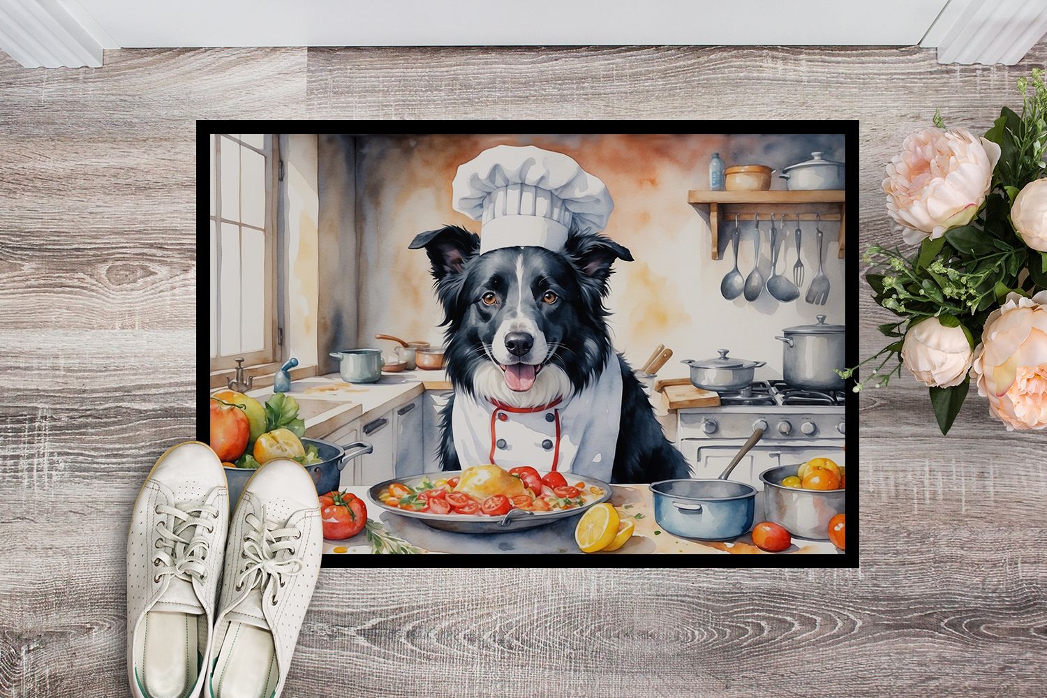 Border Collie The Chef Doormat Front Door Mat Indoor Outdoor Rugs for Entryway, Non Slip Washable Low Pile, 24H X 36W