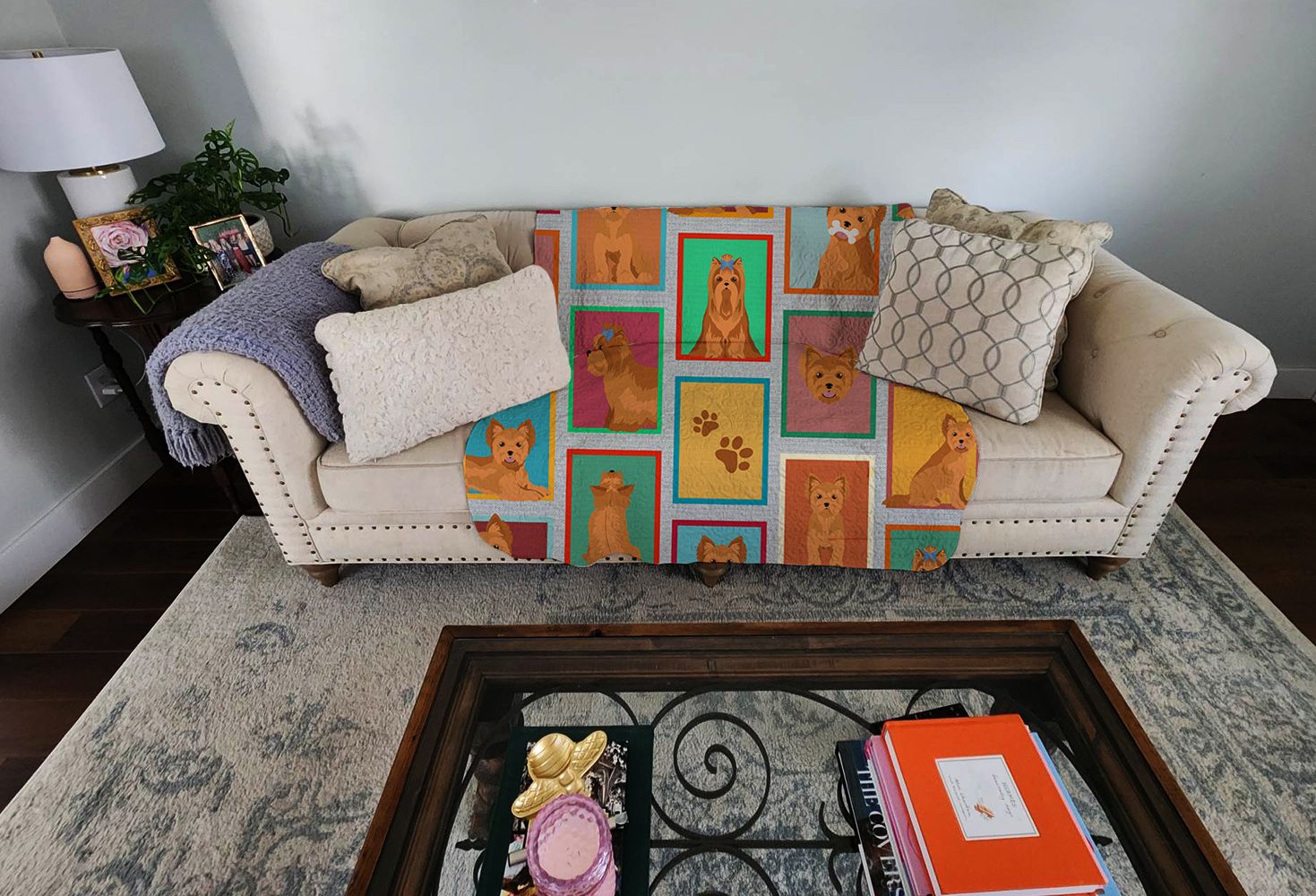 Lots of Red Yorkie Quilted Blanket 50x60 Artwork Pattern Quilted Throw Blanket for Bed, Couch, Sofa, Soft and Lightweight