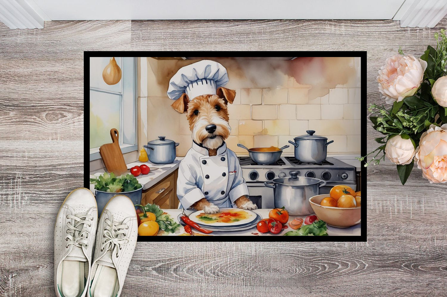 Fox Terrier The Chef Doormat Front Door Mat Indoor Outdoor Rugs for Entryway, Non Slip Washable Low Pile, 24H X 36W