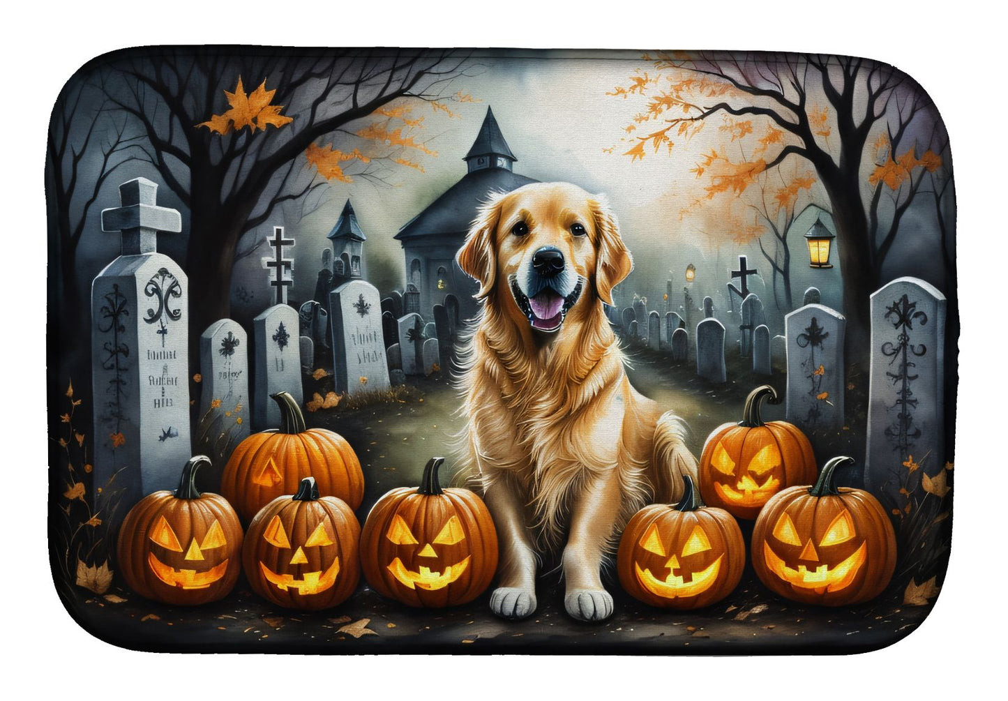 Golden Retriever Spooky Halloween Dish Drying Mat Absorbent Dish Drying Mat Pad for Kitchen Counter Dish Drainer Mat for Countertop, 14 x 21", Multicolor