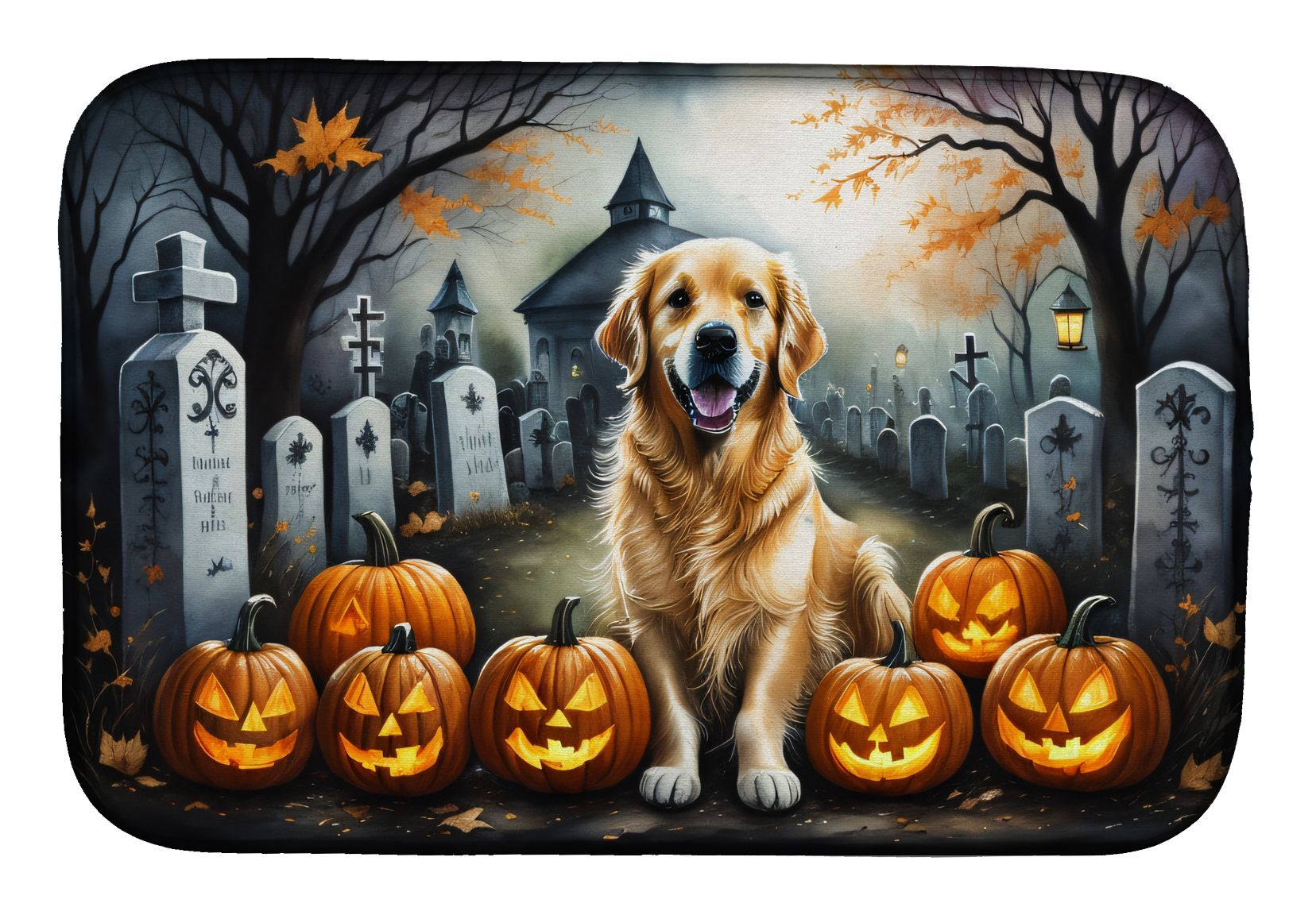Golden Retriever Spooky Halloween Dish Drying Mat Absorbent Dish Drying Mat Pad for Kitchen Counter Dish Drainer Mat for Countertop, 14 x 21", Multicolor