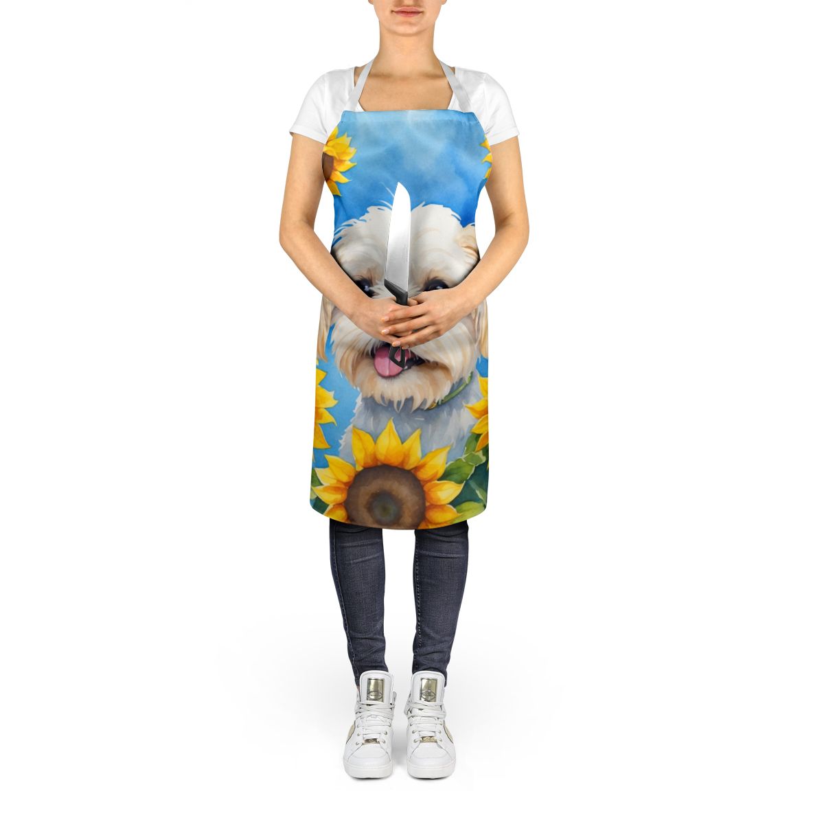 Maltese in Sunflowers Apron Cooking Kitchen Server Baking Crafts Gardening for Adult Women Men, Unisex, Large, Multicolor