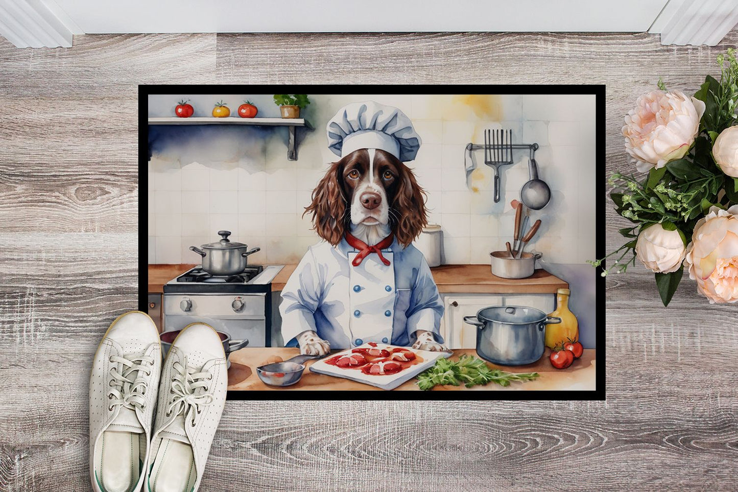 NEW English Springer Spaniel The Chef Doormat Front Door Mat Indoor Outdoor Rugs for Entryway, Non Slip Washable Low Pile, 18H X 27W