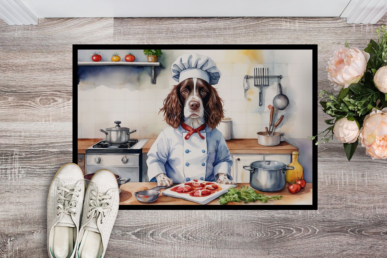 NEW English Springer Spaniel The Chef Doormat Front Door Mat Indoor Outdoor Rugs for Entryway, Non Slip Washable Low Pile, 18H X 27W