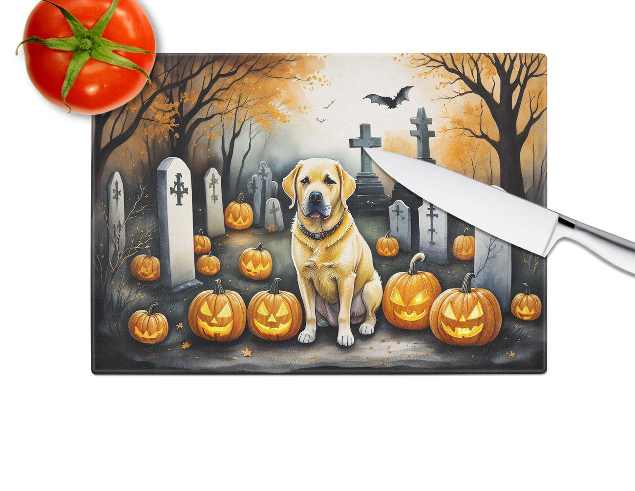 NEW Yellow Labrador Retriever Spooky Halloween Glass Cutting Board Decorative Tempered Glass Kitchen Cutting and Serving Board Large Size Chopping Board
