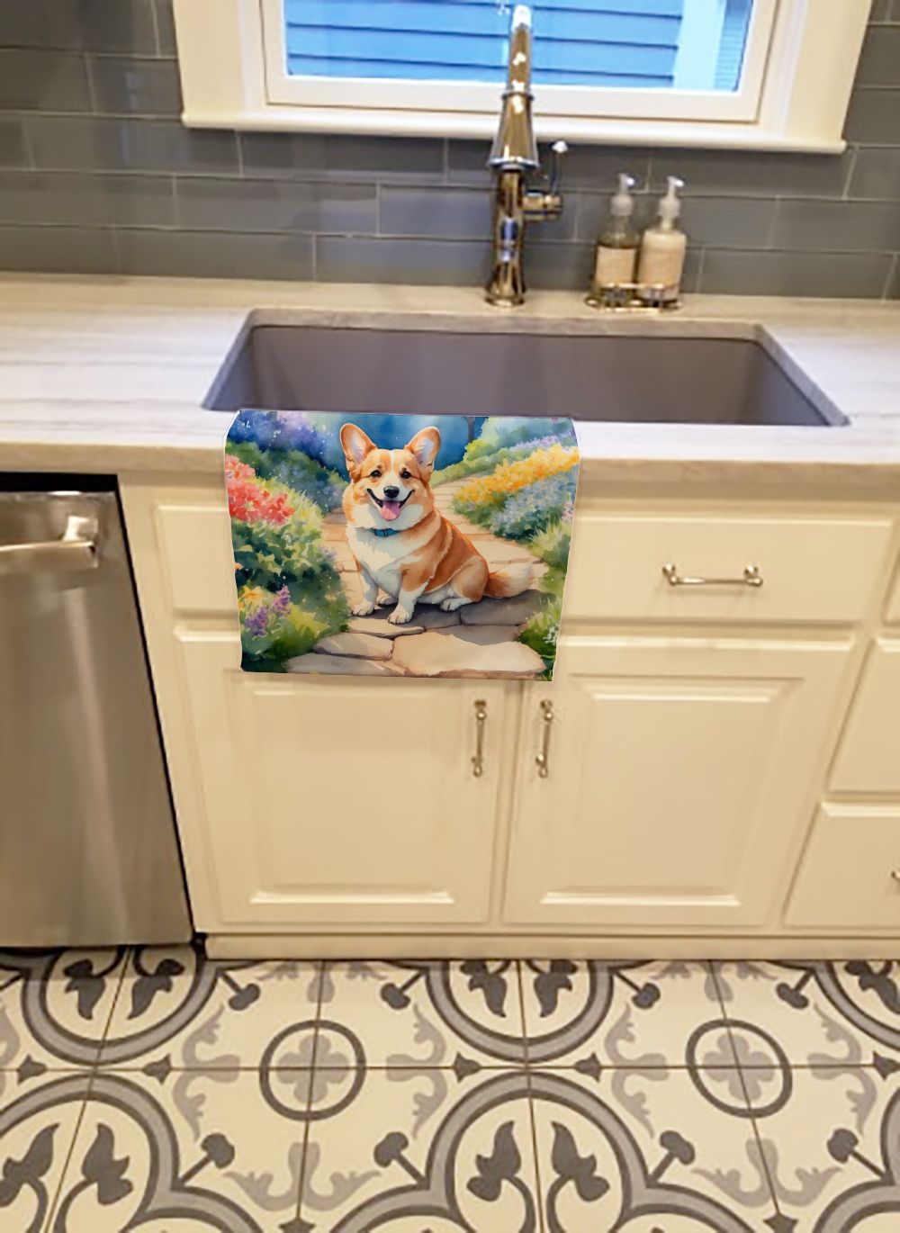 Corgi Spring Path Kitchen Towel Dish Cloths Guest Hand Towel Decorative Bathroom Towel for Face,Tea, Dishcloth, Kitchen and Bath