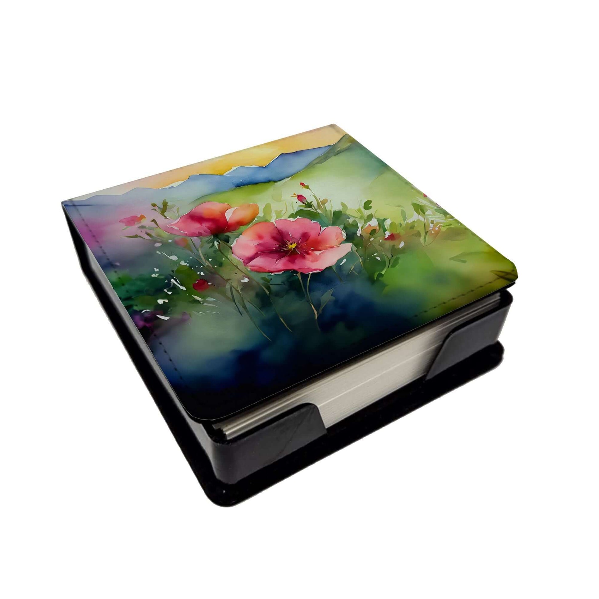 North Dakota Wild Prairie Roses in Watercolor PU Leather Note Paper Holder with Artist-Designed Cover, Desk Accessory, Office Gift