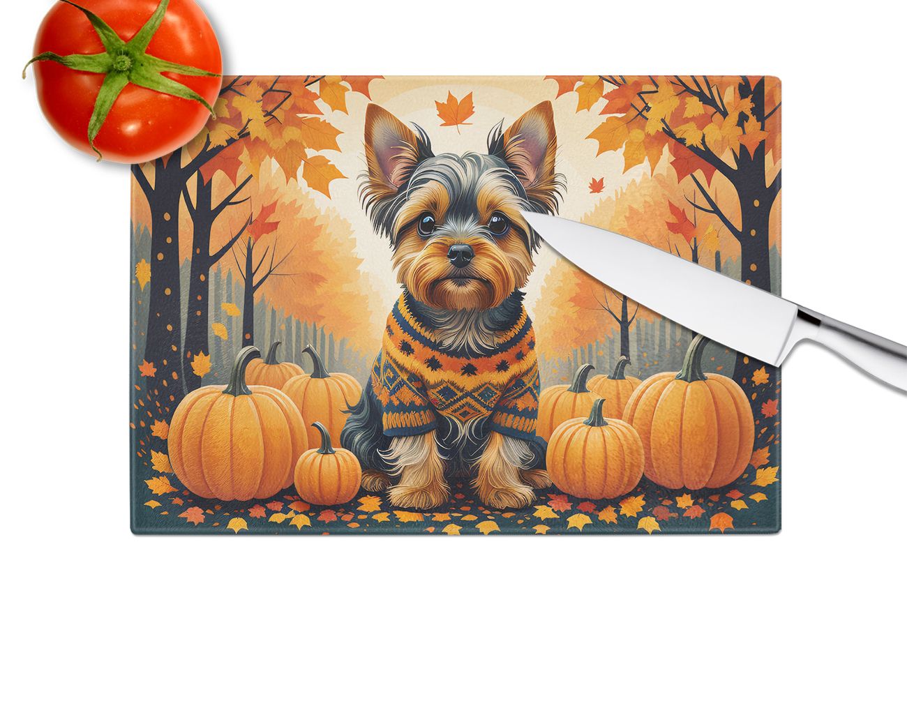 NEW Yorkshire Terrier Fall Glass Cutting Board Decorative Tempered Glass Kitchen Cutting and Serving Board Large Size Chopping Board