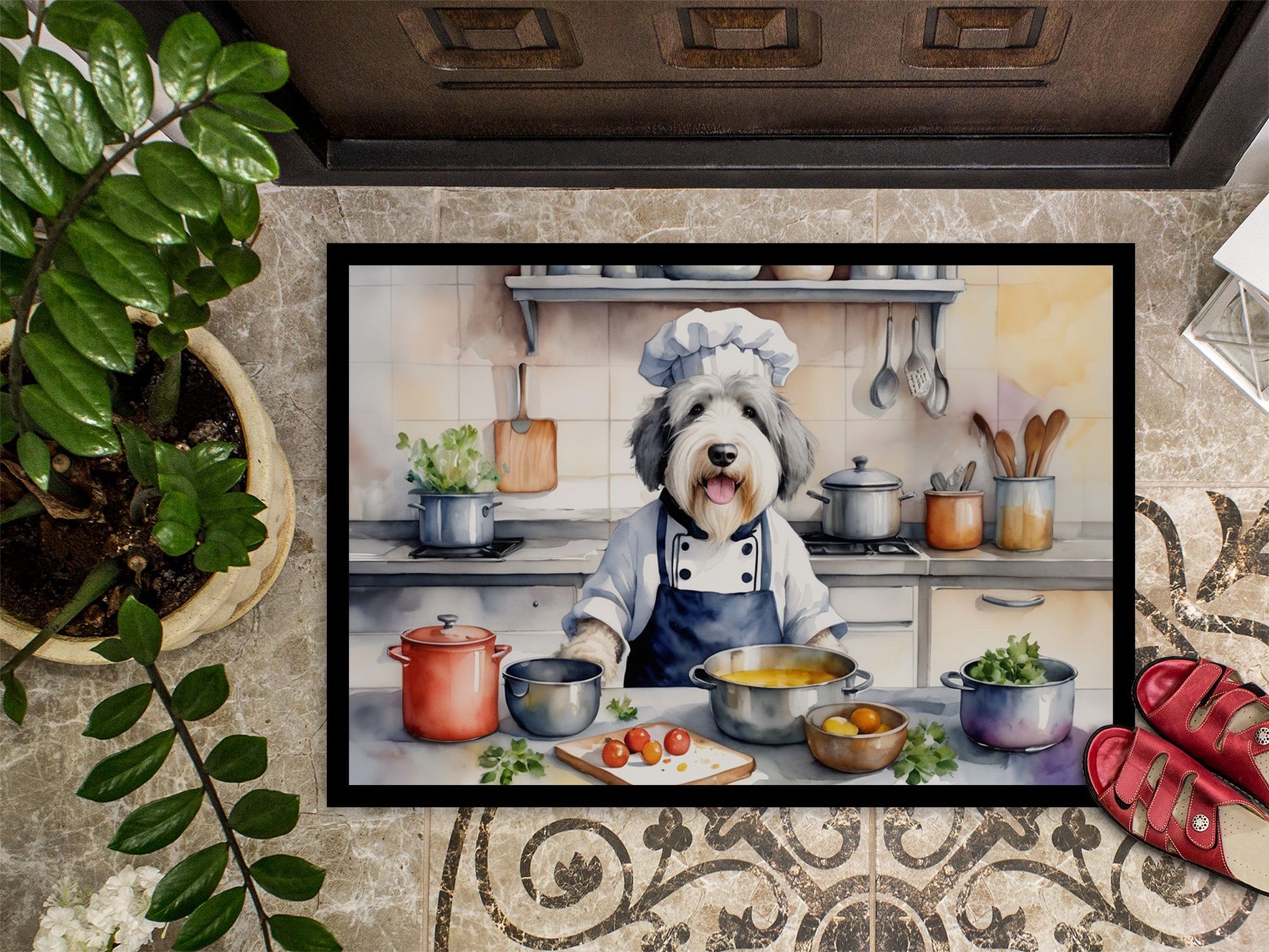 Old English Sheepdog The Chef Doormat Front Door Mat Indoor Outdoor Rugs for Entryway, Non Slip Washable Low Pile, 24H X 36W