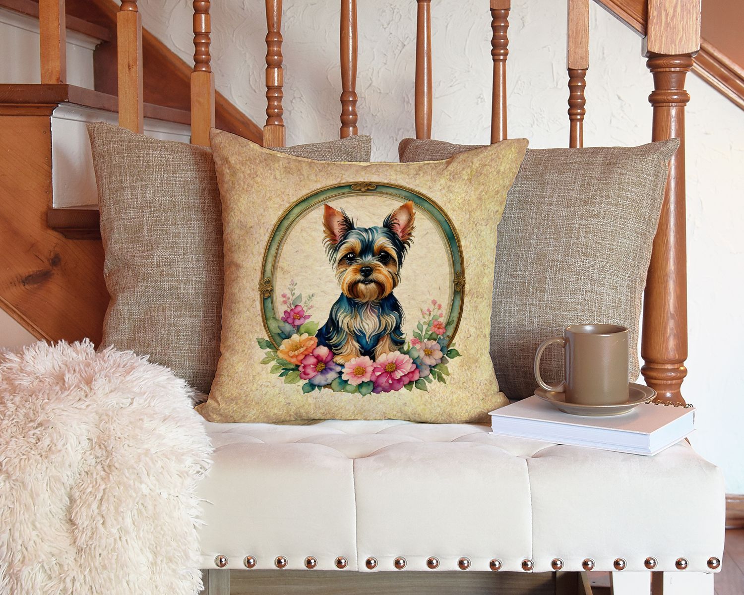 Yorkshire Terrier and Flowers Throw Pillow Machine Washable, Indoor Outdoor Decorative Pillow for Couch, Bed or Patio, 14Hx14W