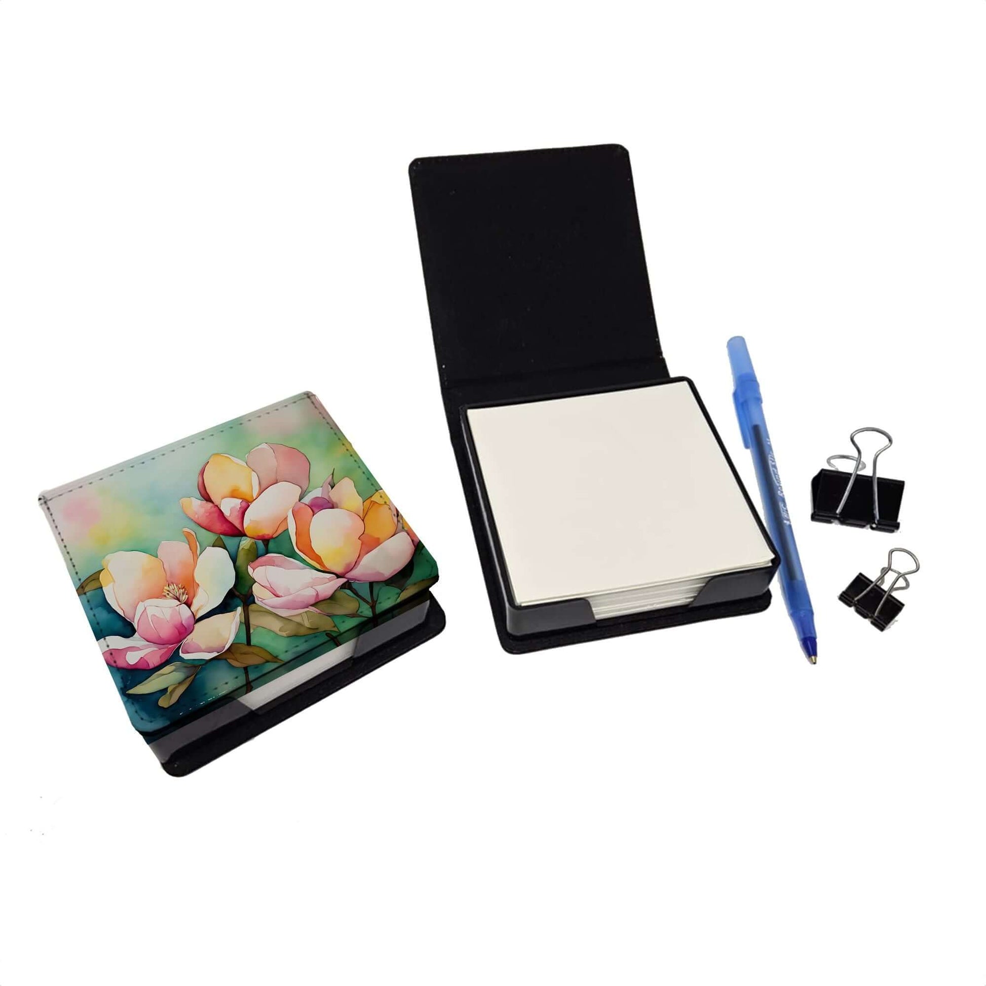 Mississippi Magnolia in Watercolor PU Leather Note Paper Holder with Artist-Designed Cover, Desk Accessory, Office Gift