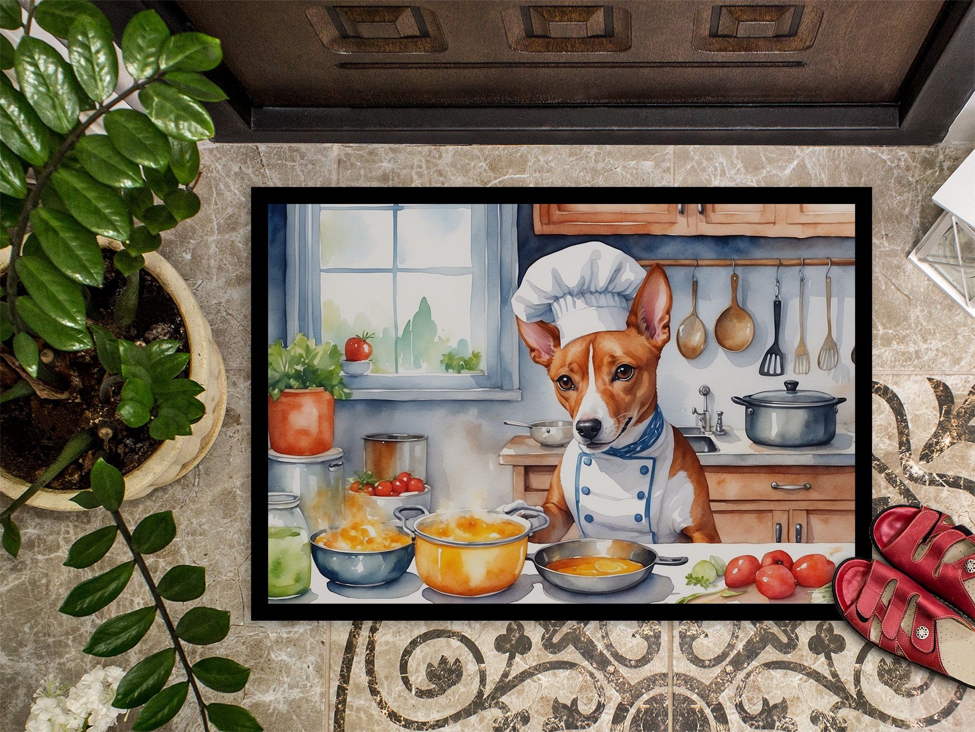 Basenji The Chef Doormat Front Door Mat Indoor Outdoor Rugs for Entryway, Non Slip Washable Low Pile, 24H X 36W