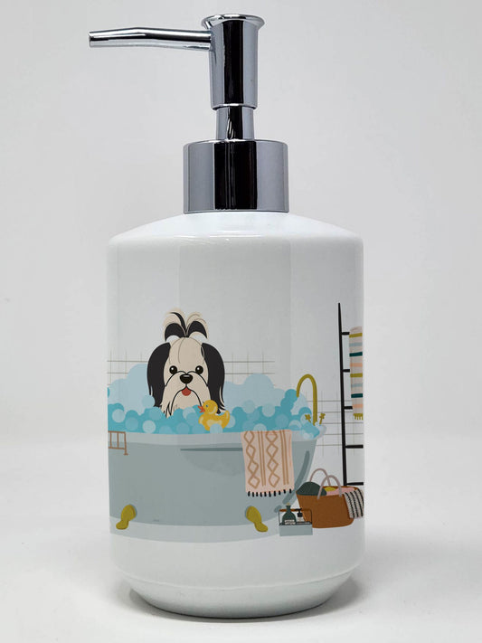 Black White Shih Tzu in Bathtub Ceramic Soap Dispenser Hand Soap Dispenser Pump Bottles for Bathroom Kitchen, Empty Refillable Liquid Soap Container