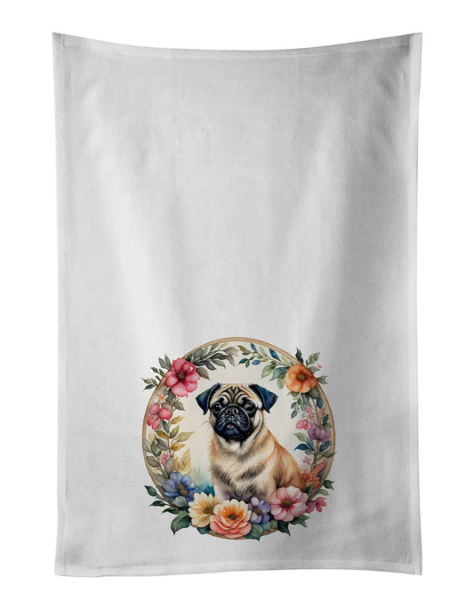 Fawn Pug and Flowers Kitchen Towel Set of 2 White Dish Towels Decorative Bathroom Hand towel for Hand, Face, Hair, Yoga, Tea, Dishcloth, 19 X 28", White