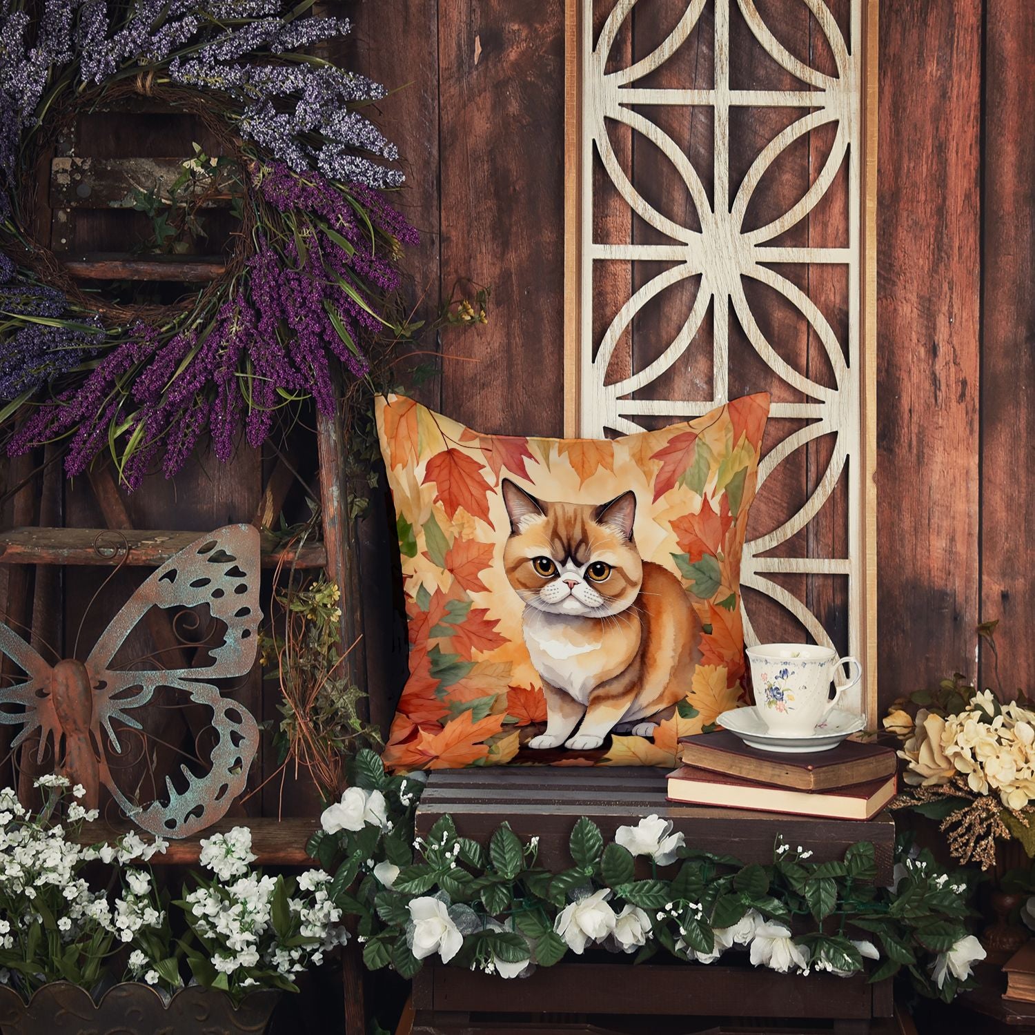 Exotic Shorthair Cat in Fall Leaves Throw Pillow Machine Washable, Indoor Outdoor Decorative Pillow for Couch, Bed or Patio, 18Hx18W
