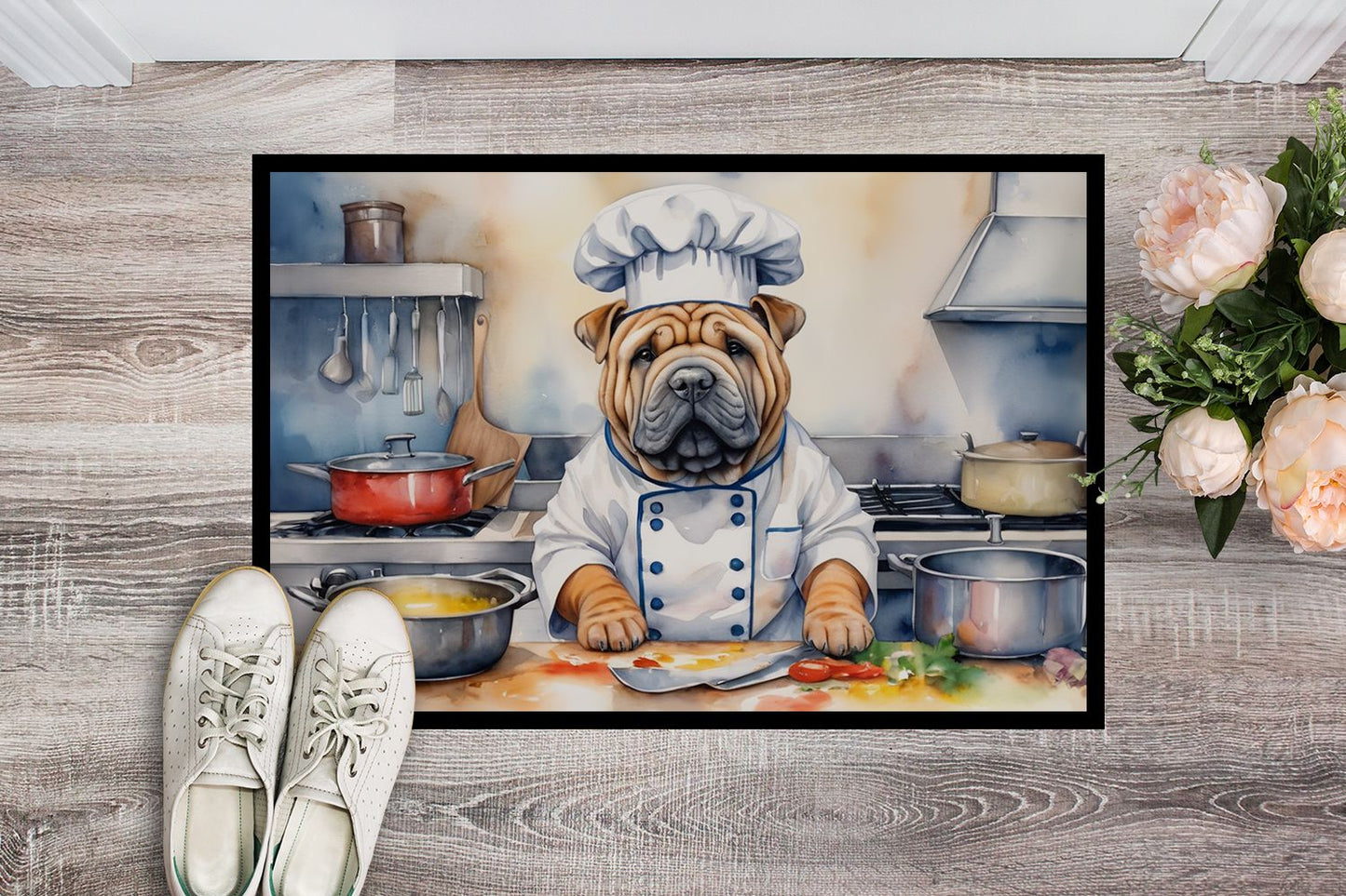 Shar Pei The Chef Doormat Front Door Mat Indoor Outdoor Rugs for Entryway, Non Slip Washable Low Pile, 24H X 36W