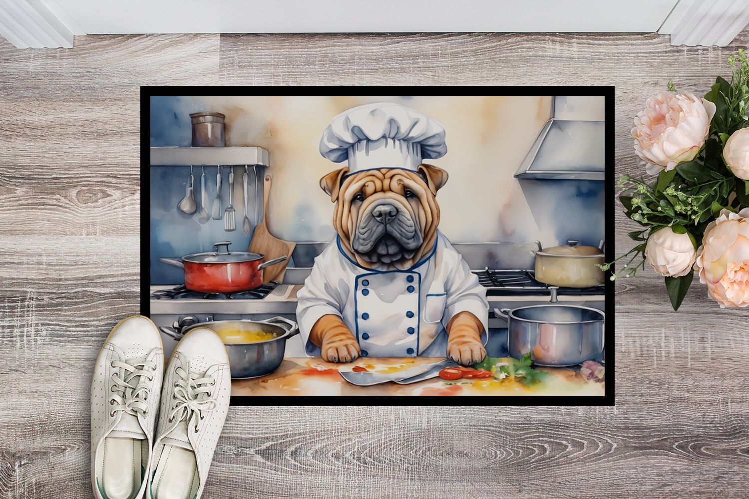 Shar Pei The Chef Doormat Front Door Mat Indoor Outdoor Rugs for Entryway, Non Slip Washable Low Pile, 24H X 36W