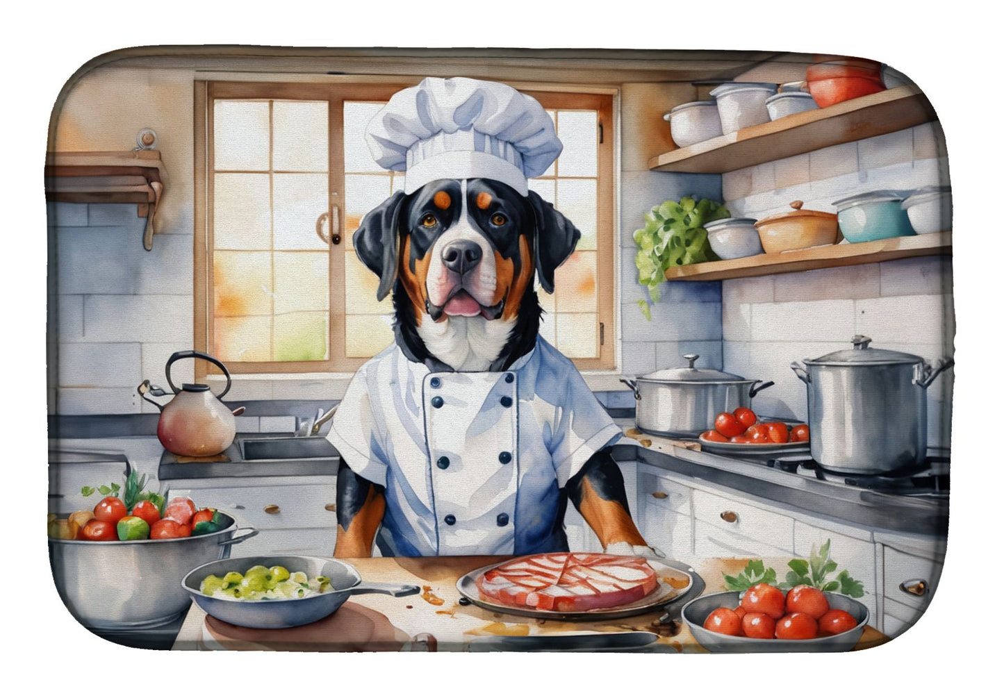 Greater Swiss Mountain Dog The Chef Dish Drying Mat Absorbent Dish Drying Mat Pad for Kitchen Counter Dish Drainer Mat for Countertop, 14 x 21", Multicolor
