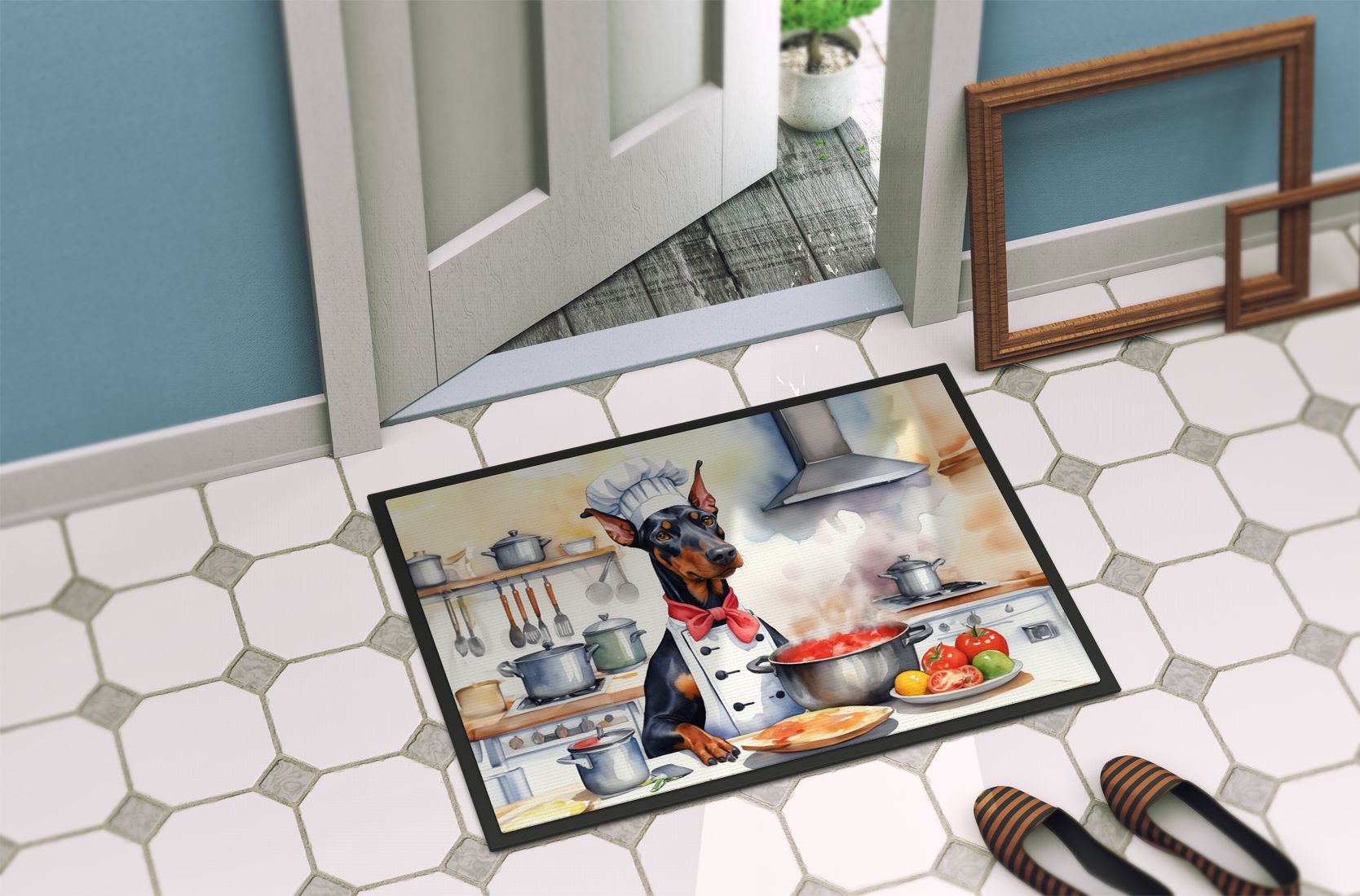 NEW Doberman Pinscher The Chef Doormat Front Door Mat Indoor Outdoor Rugs for Entryway, Non Slip Washable Low Pile, 18H X 27W