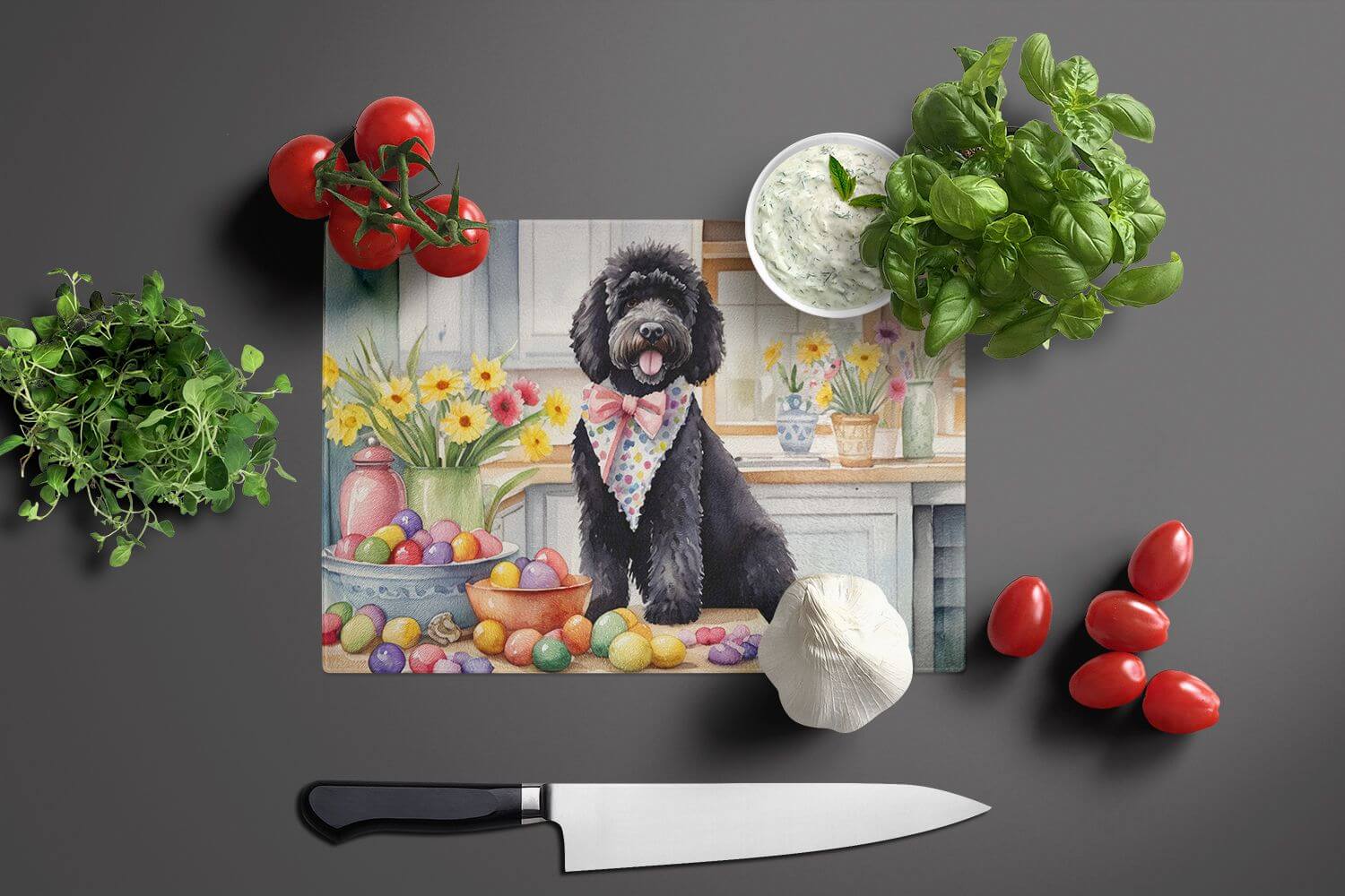 NEW Decorating Easter Portuguese Water Dog Glass Cutting Board Decorative Tempered Glass Kitchen Cutting and Serving Board Large Size Chopping Board