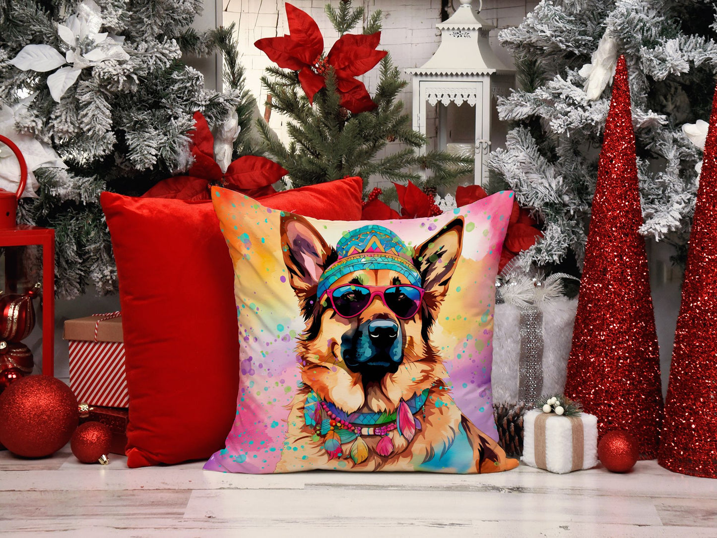 German Shepherd Hippie Dawg Throw Pillow Machine Washable, Indoor Outdoor Decorative Pillow for Couch, Bed or Patio, 14Hx14W