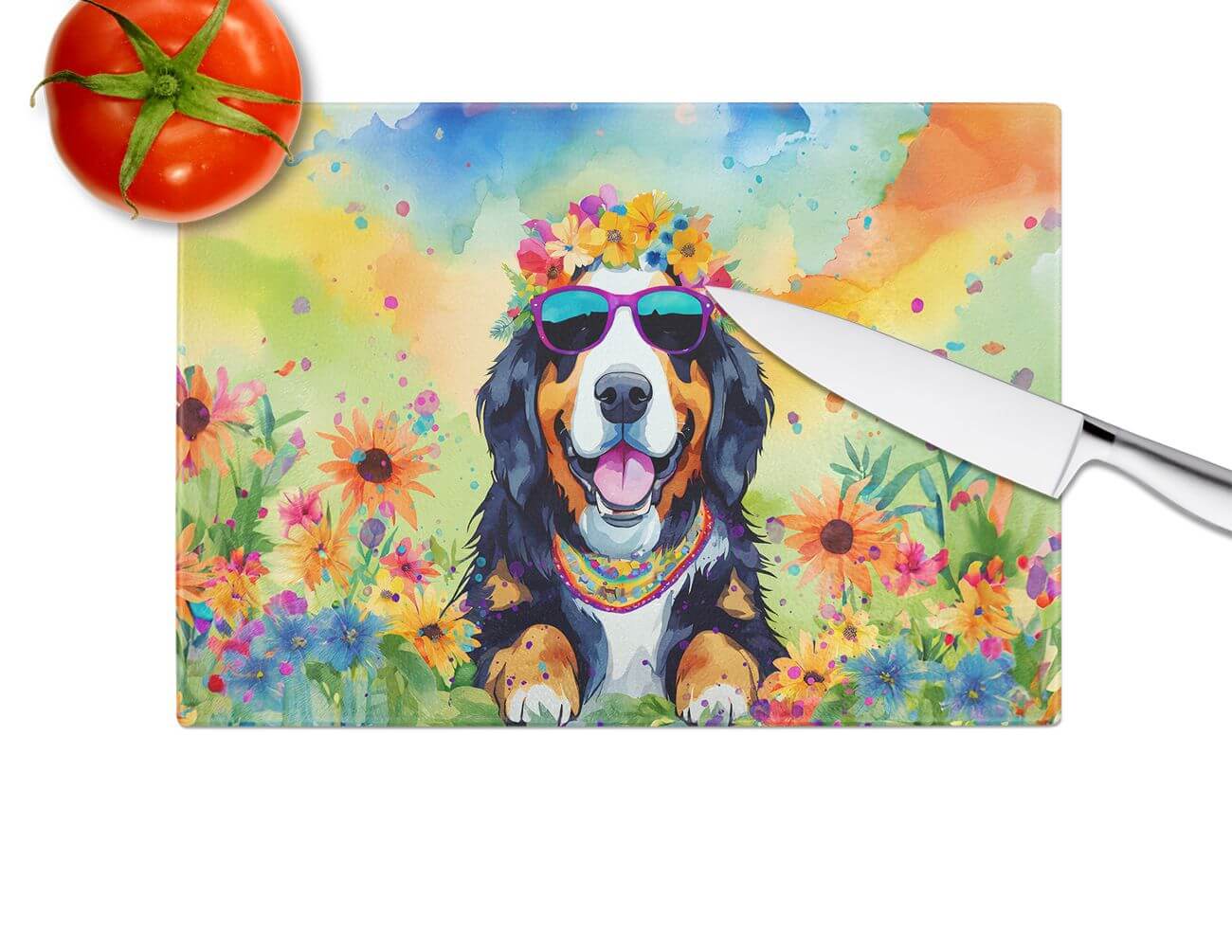 NEW Bernese Mountain Dog Hippie Dawg Glass Cutting Board Decorative Tempered Glass Kitchen Cutting and Serving Board Large Size Chopping Board