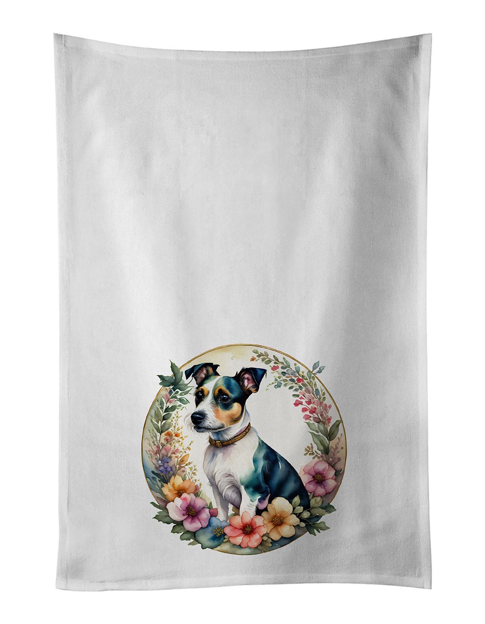 Jack Russell Terrier and Flowers Kitchen Towel Set of 2 White Dish Towels Decorative Bathroom Hand towel for Hand, Face, Hair, Yoga, Tea, Dishcloth, 19 X 28", White