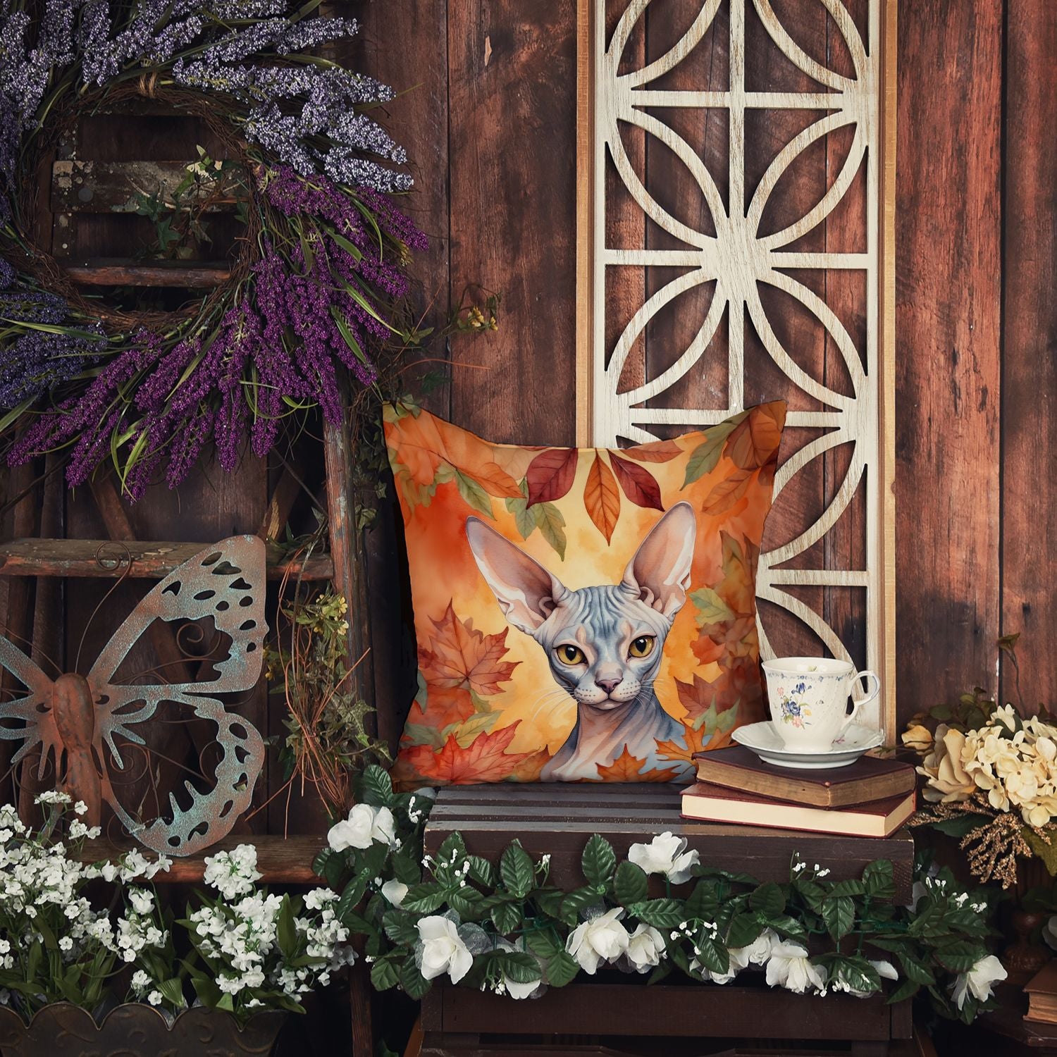 Sphynx Cat in Fall Leaves Throw Pillow Machine Washable, Indoor Outdoor Decorative Pillow for Couch, Bed or Patio, 18Hx18W
