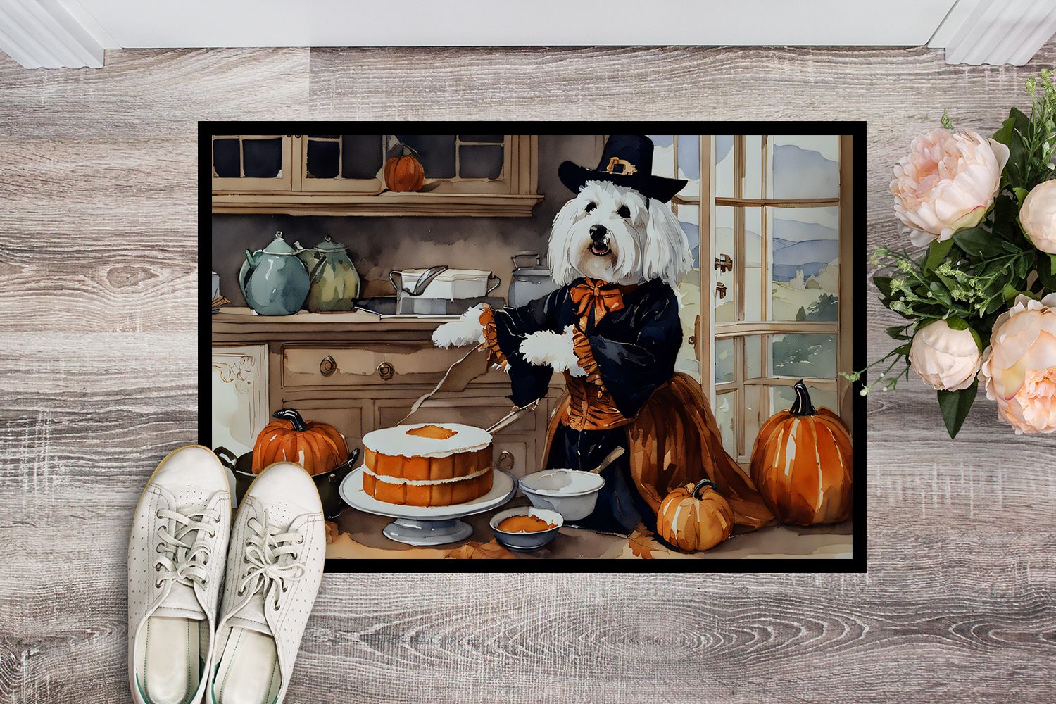Coton De Tulear Fall Kitchen Pumpkins Doormat Front Door Mat Indoor Outdoor Rugs for Entryway, Non Slip Washable Low Pile, 24H X 36W