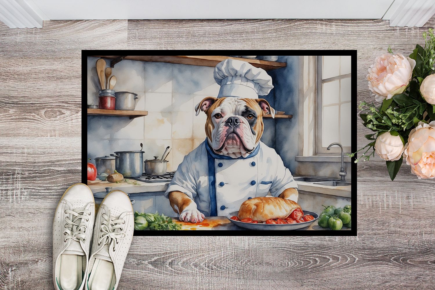 NEW American Bulldog The Chef Doormat Front Door Mat Indoor Outdoor Rugs for Entryway, Non Slip Washable Low Pile, 18H X 27W