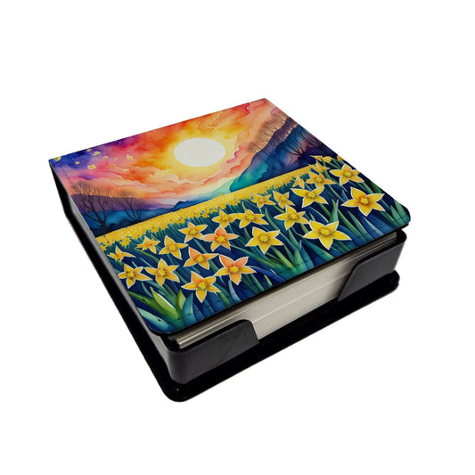 Colorful Daffodils PU Leather Note Paper Holder with Artist-Designed Cover, Desk Accessory, Office Gift