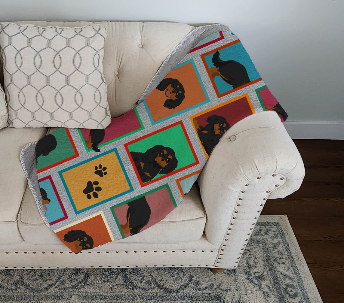 Lots of Black and Tan Cavalier King Charles Spaniel Quilted Blanket 50x60 Artwork Pattern Quilted Throw Blanket for Bed, Couch, Sofa, Soft and Lightweight