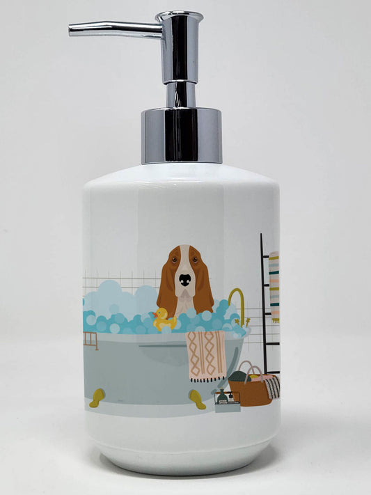 Red and White Tricolor Basset Hound Ceramic Soap Dispenser Hand Soap Dispenser Pump Bottles for Bathroom Kitchen, Empty Refillable Liquid Soap Container