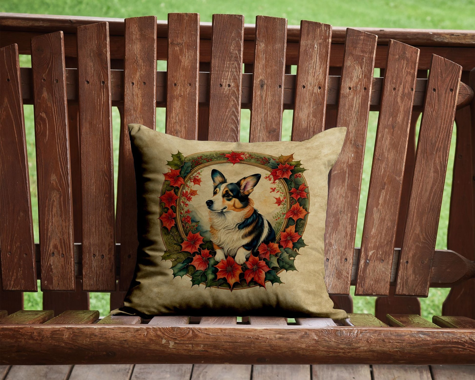 Corgi Christmas Flowers Throw Pillow Machine Washable, Indoor Outdoor Decorative Pillow for Couch, Bed or Patio, 14Hx14W