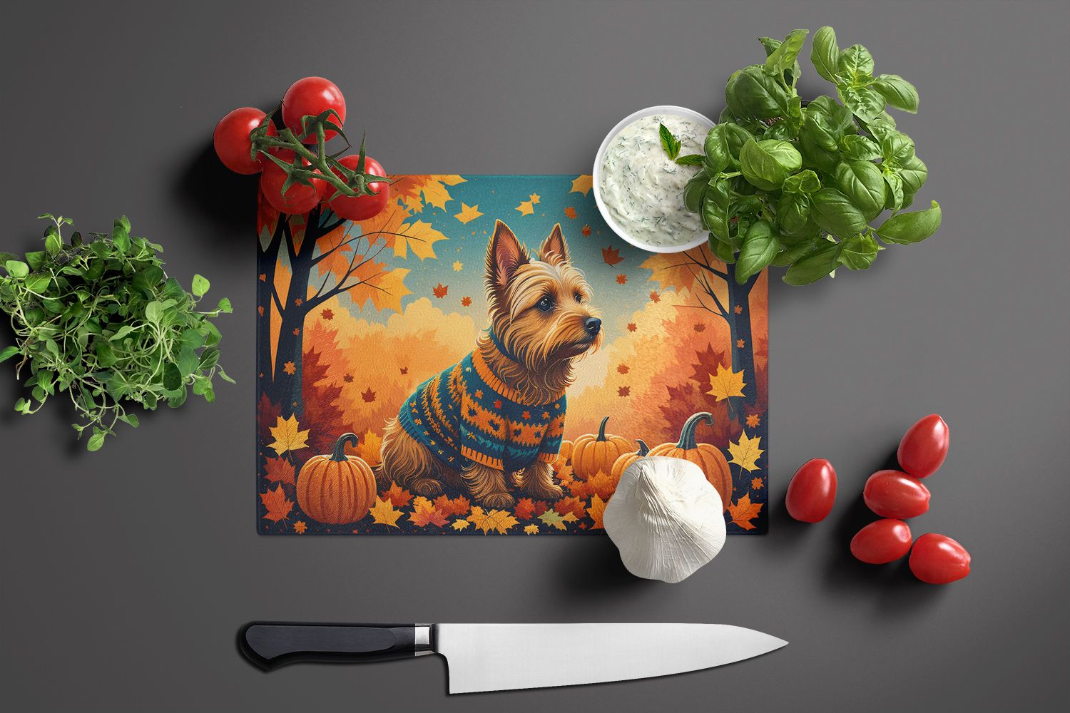 NEW Australian Terrier Terrier Fall Glass Cutting Board Decorative Tempered Glass Kitchen Cutting and Serving Board Large Size Chopping Board