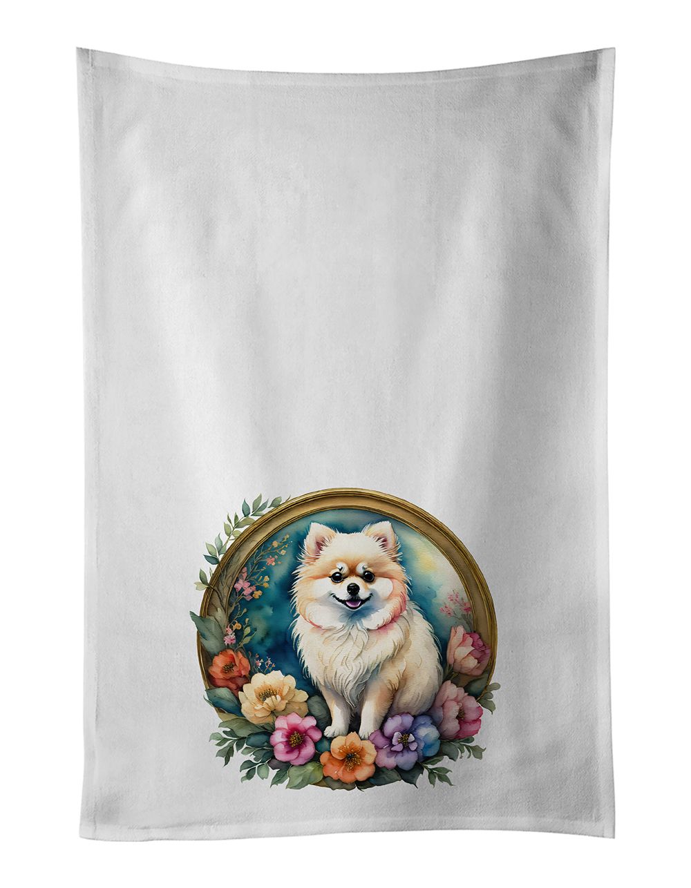 Pomeranian and Flowers Kitchen Towel Set of 2 White Dish Towels Decorative Bathroom Hand towel for Hand, Face, Hair, Yoga, Tea, Dishcloth, 19 X 28", White