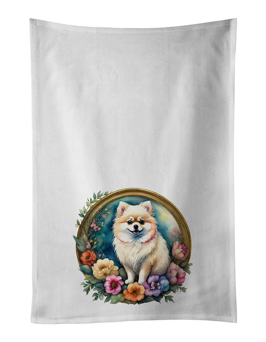 Pomeranian and Flowers Kitchen Towel Set of 2 White Dish Towels Decorative Bathroom Hand towel for Hand, Face, Hair, Yoga, Tea, Dishcloth, 19 X 28", White