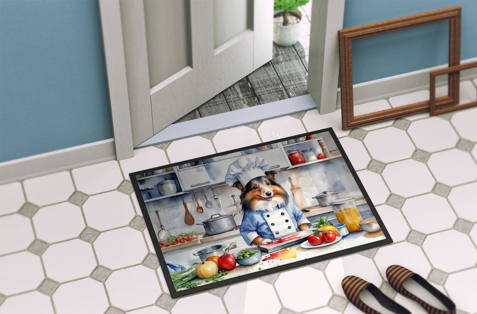 Sheltie The Chef Doormat Front Door Mat Indoor Outdoor Rugs for Entryway, Non Slip Washable Low Pile, 24H X 36W