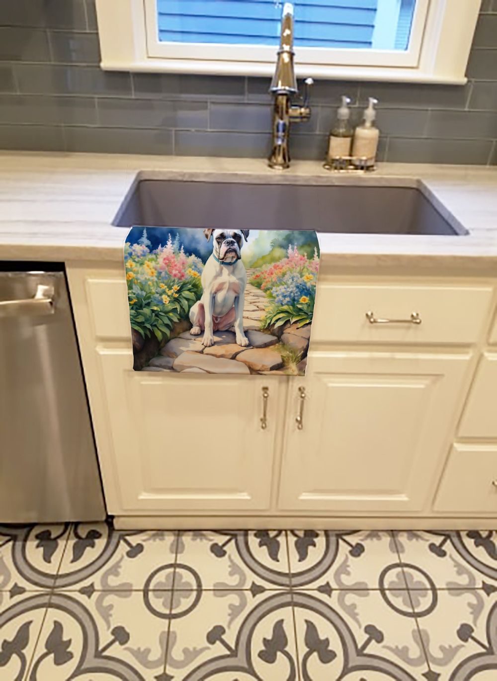 White Boxer Spring Path Kitchen Towel Dish Cloths Guest Hand Towel Decorative Bathroom Towel for Face,Tea, Dishcloth, Kitchen and Bath
