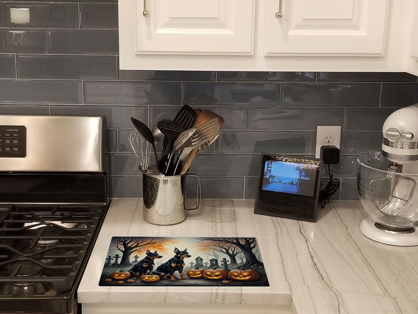 NEW Doberman Pinscher Spooky Halloween Glass Cutting Board Decorative Tempered Glass Kitchen Cutting and Serving Board Large Size Chopping Board