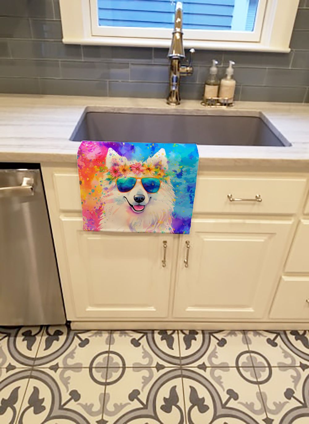 Samoyed Hippie Dawg Kitchen Towel Dish Cloths Guest Hand Towel Decorative Bathroom Towel for Face,Tea, Dishcloth, Kitchen and Bath