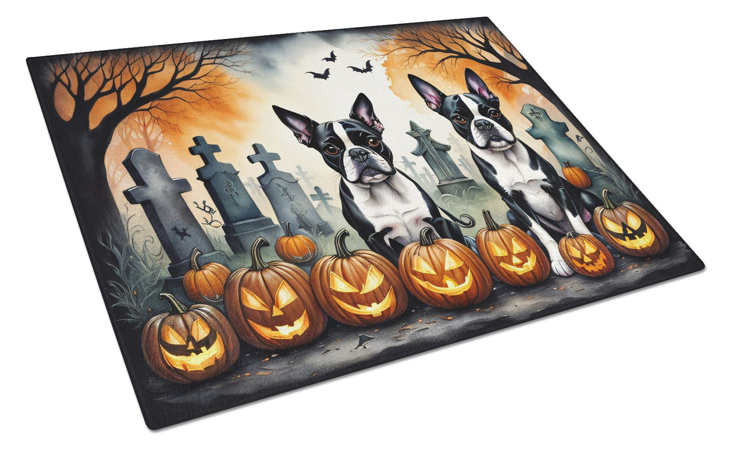 NEW Boston Terrier Spooky Halloween Glass Cutting Board Decorative Tempered Glass Kitchen Cutting and Serving Board Large Size Chopping Board