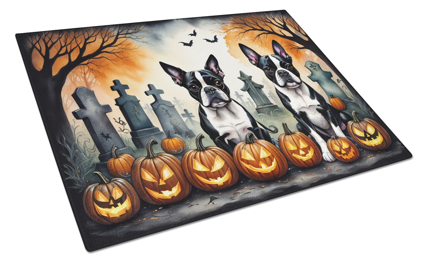 NEW Boston Terrier Spooky Halloween Glass Cutting Board Decorative Tempered Glass Kitchen Cutting and Serving Board Large Size Chopping Board