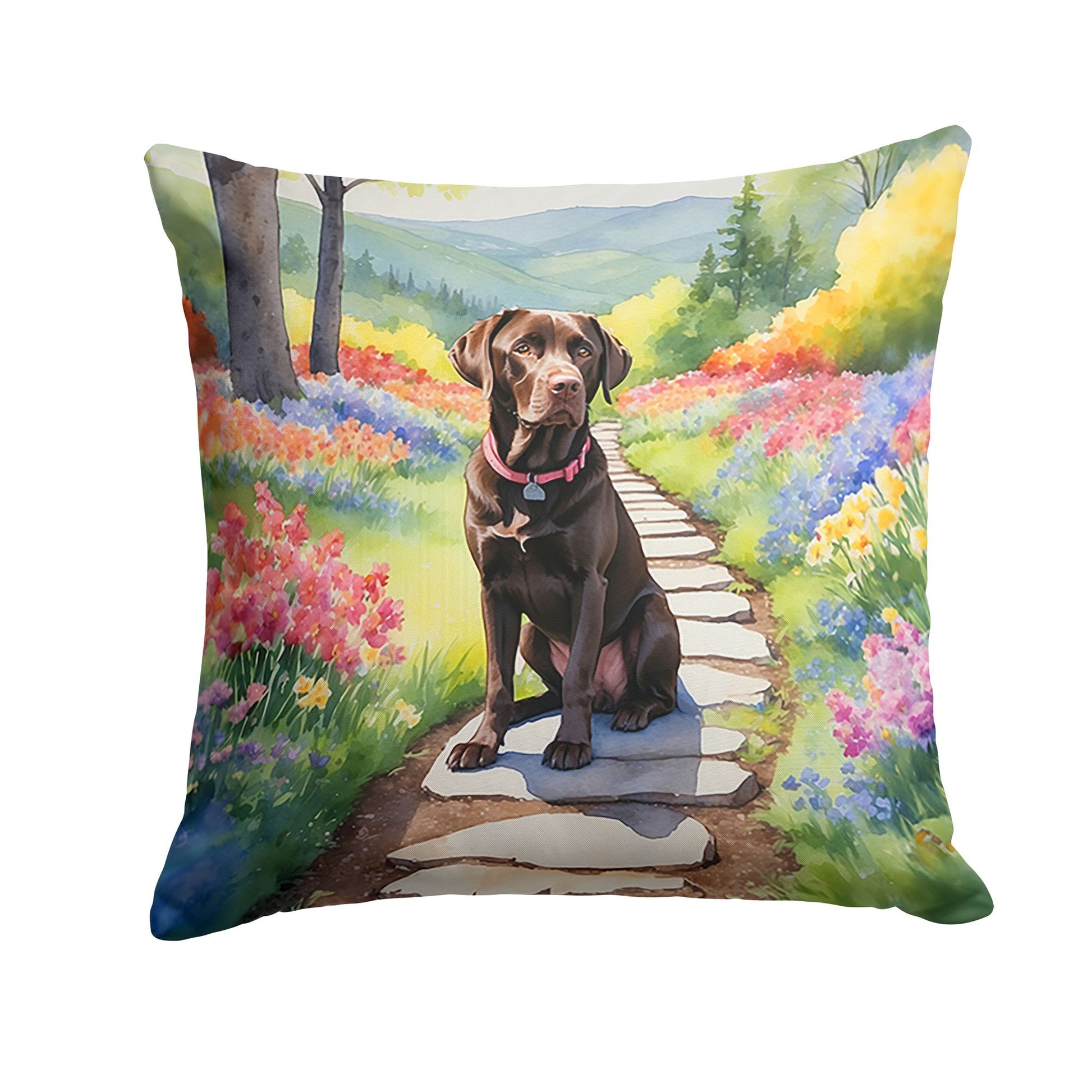 Labrador Retriever Spring Path Throw Pillow Machine Washable, Indoor Outdoor Decorative Pillow for Couch, Bed or Patio, 18Hx18W