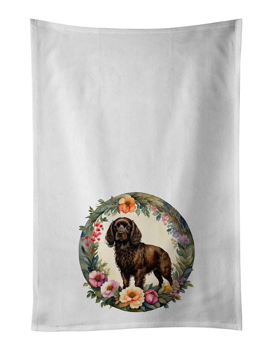 Boykin Spaniel and Flowers Kitchen Towel Set of 2 White Dish Towels Decorative Bathroom Hand towel for Hand, Face, Hair, Yoga, Tea, Dishcloth, 19 X 28", White