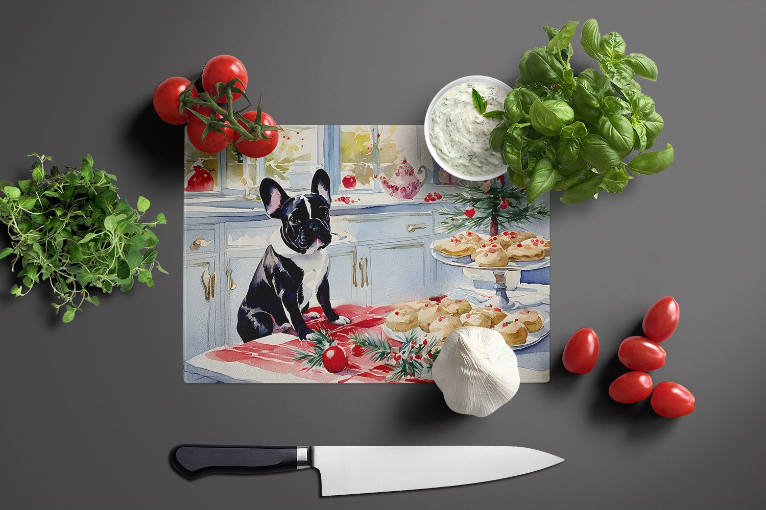 NEW French Bulldog Christmas Cookies Glass Cutting Board Decorative Tempered Glass Kitchen Cutting and Serving Board Large Size Chopping Board
