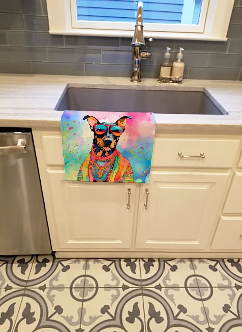 Doberman Pinscher Hippie Dawg Kitchen Towel Dish Cloths Guest Hand Towel Decorative Bathroom Towel for Face,Tea, Dishcloth, Kitchen and Bath