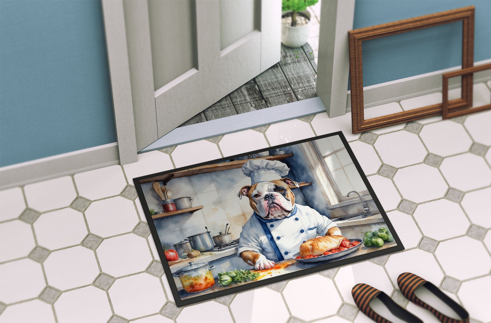 NEW American Bulldog The Chef Doormat Front Door Mat Indoor Outdoor Rugs for Entryway, Non Slip Washable Low Pile, 18H X 27W